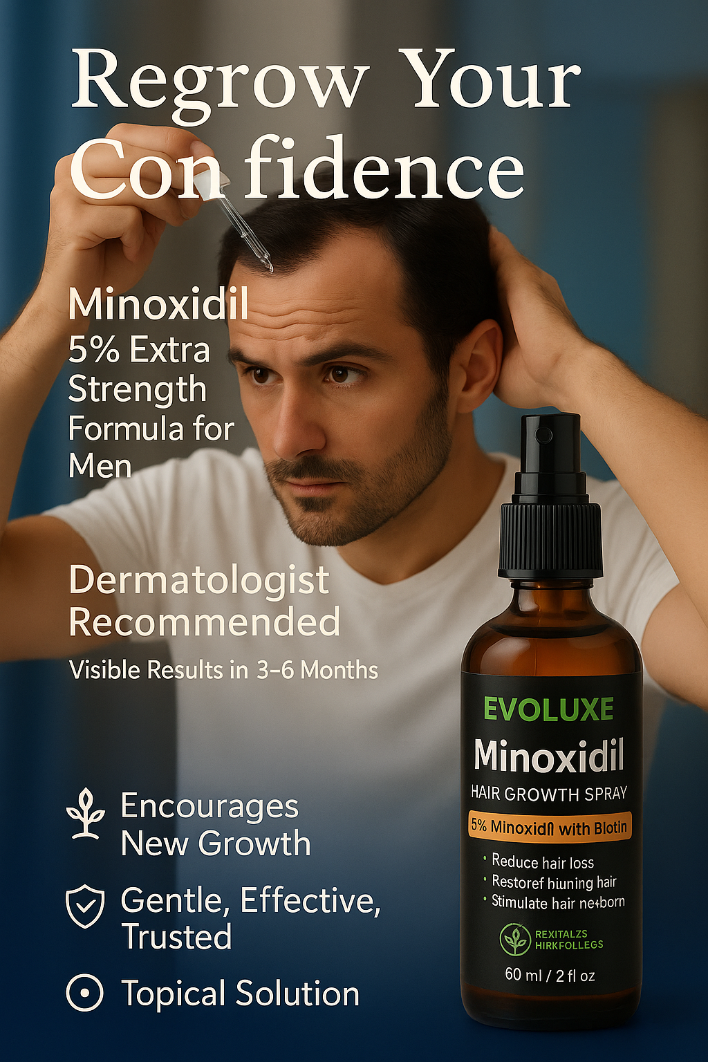 Man with hair loss issues holding a bottle of Evoluxe Minoxidil hair growth spray with promotional text.
