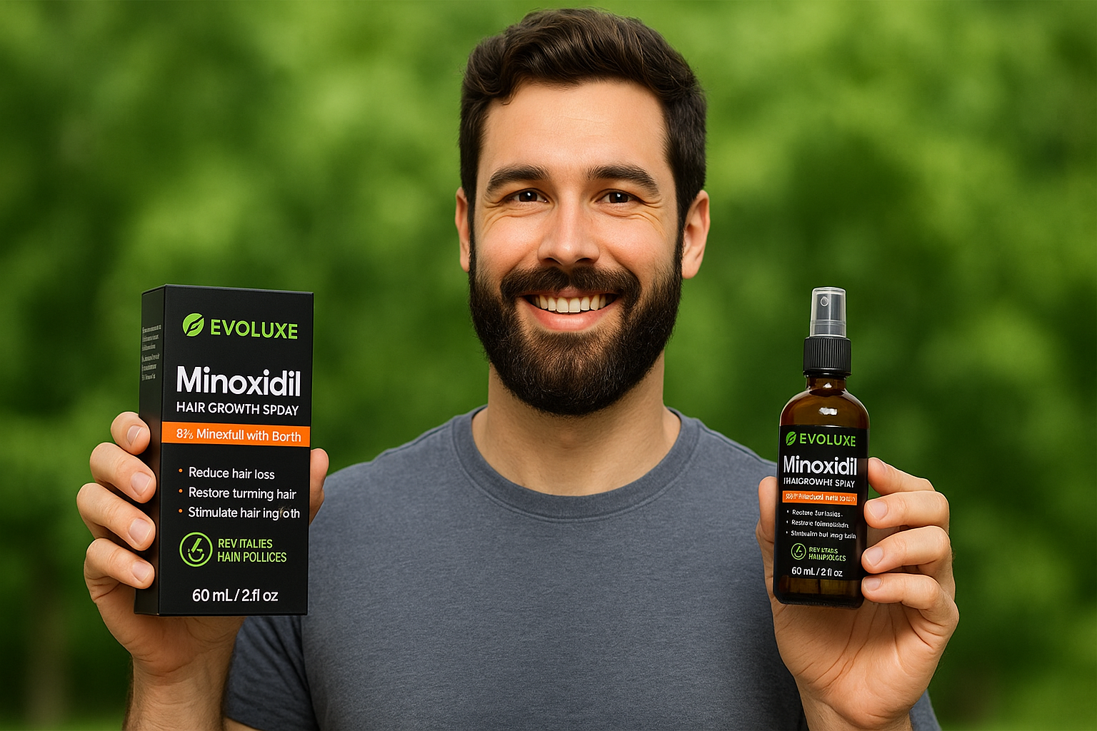 Man holding Evoluxe Minoxidil hair growth product against a green background